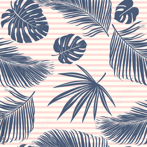 Naklejka na drzwi Summer Navy pink tropical forest leaves bright mood on sky blue stripe seamless pattern for fashoin fabric, wallpaper and card.
