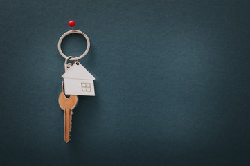 Key and house shape key chain hanging on the green wall.