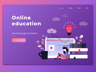 Aufkleber - Young woman working with laptop at work desk. Modern ultra violet gradient line vector illustration of distance learning, online courses, education, exam preparation. Landing page template.