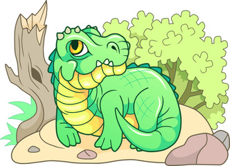  cartoon cute crocodile lies on the shore, funny illustration
