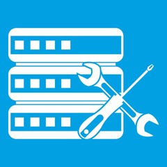 Poster - Database with screwdriver and spanner icon white isolated on blue background vector illustration