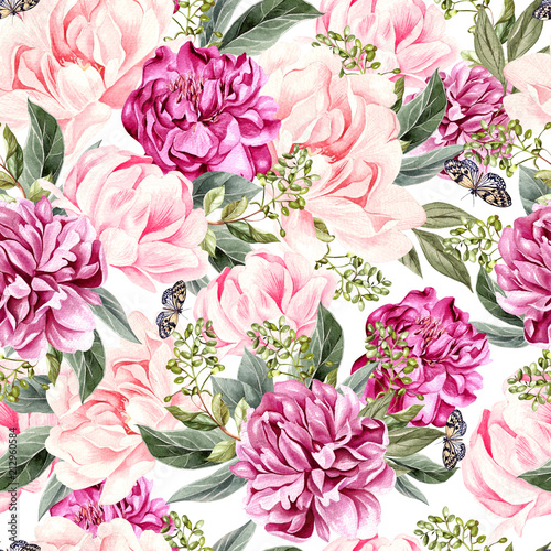 Watercolor pattern with peony flowers and  butterfly.