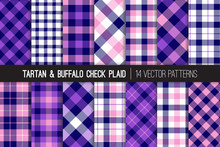 Navy Blue, Pink And Violet Tartan And Buffalo Check Plaid Vector Patterns. Purple Flannel Shirt Textures. Hipster Fashion. Checkered Background. Repeating Pattern Tile Swatches Included.