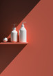 Cosmetic brand template. Raster packaging. Oil, lotion, shampoo. Bottle mock up set. On the shelf. 3D illustration