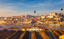 Porto (Oporto), Old Town On The Douro River, Panorama Of Porto With Cable Cars And Boats. Porto, Portugal.