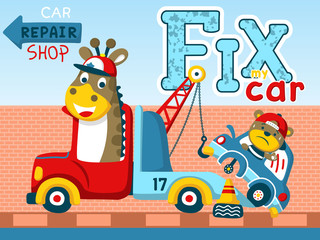 Wall Mural - Funny animals cartoon vector on vehicles. Tow truck, car, on bricks background