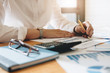 © Natee Meepian - Business man investment consultant analyzing company annual financial report balance sheet statement working with documents graphs. Concept picture of business, market, office, tax.