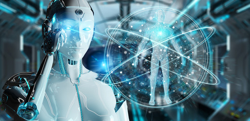 Poster - White woman robot scanning human body 3D rendering