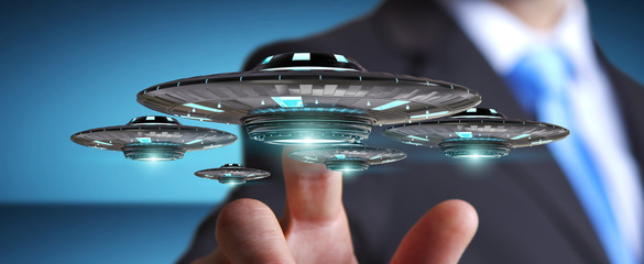Poster - Businessman with retro UFO spaceship 3D rendering