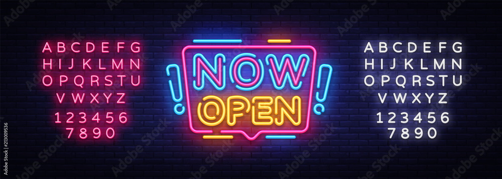 Now Open neon signs vector. Now Open Design template neon sign, light banner, neon signboard, nightly bright advertising, light inscription. Vector illustration. Editing text neon sign - obrazy, fototapety, plakaty 