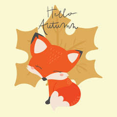 Wall Mural - Hello autumn. Cute fox in the wild illustration. Hand drawn art.