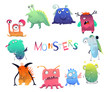 Cute monsters set. Cartoon characters in color pencil style. Isolated objects on white background. Vector illustration