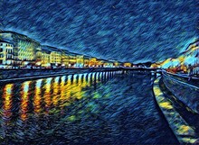 View At River Arno In Pisa, Italy. Old Houses At Embankment. Italian Canal. Big Size Oil Painting Fine Art In Vincent Van Gogh Style. Modern Impressionism Drawn. Creative Artistic Print Or Poster.