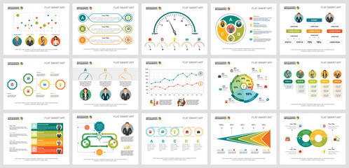 Wall Mural - Colorful marketing or finance concept infographic charts set. Business design elements for presentation slide templates. Can be used for financial report, workflow layout and brochure design.