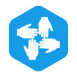 © teracreonte - Icono plano cuatro manos en hexagono azul