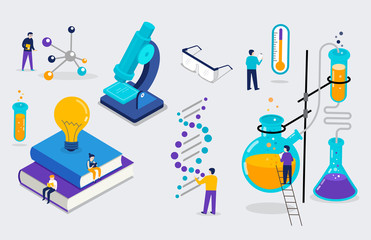 Chemistry lab and school class, science, education scene with miniature people, students. Isometric concept design