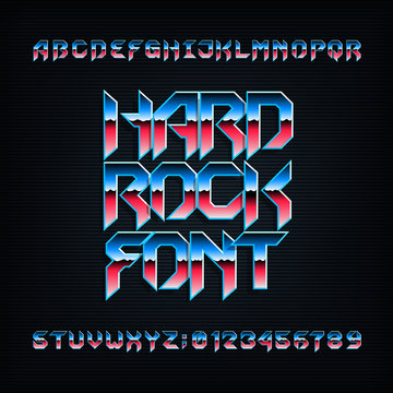 Hard rock alphabet font. Metal effect beveled colorful letters, numbers and symbols. Stock vector typeset for your design.