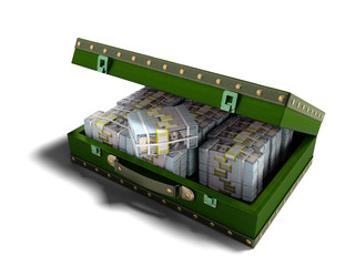 Wooden green suitcase with money stock of dollars inside with leather insets 3D render on white background with shadow