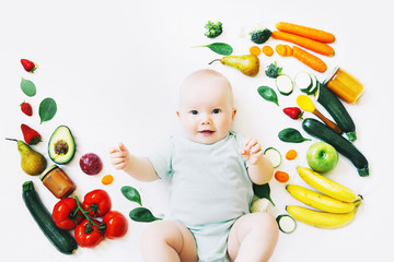 Healthy baby child nutrition, food background, top view.