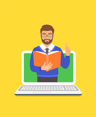 Fototapete - Online education concept. Young man teacher holds open book and lifts a finger up to share knowledge. Cartoon vector illustration. Distance learning by computer. Virtual library on internet