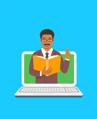 Fototapete - Online education concept. Black man teacher holds open book and lifts a finger up to share knowledge on web. Cartoon vector illustration. Distance learning by computer. Virtual library on internet