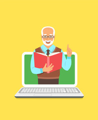 Fototapete - Online education concept. Elderly man teacher holds open book and lifts a finger up to share knowledge on web. Cartoon vector illustration. Distance learning by computer. Virtual library on internet