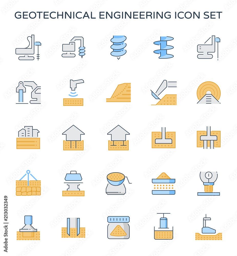 Geotechnical engineering, geotechnics and geology vector icon with ...