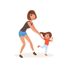 Sticker - Tired mother and her daughter who wants to play, parenting stress concept, relationship between children and parents vector Illustration on a white background