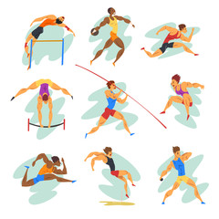 Wall Mural - Flat vector set of professional athletes in different actions. Young muscular guys in sportswear. Active people. Olympic sports