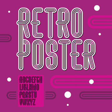 Vector trendy retro uppercase alphabet letters collection. Disco thin, narrow type font, script from a to z can be used for logo creation. Created using geometric triple stripes.