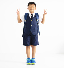 Wall Mural - happy boy student showing victory gesture