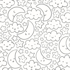 Wall Mural - Cute, funny vector pattern with smiling moon, stars and clouds. Hand drawn linear night sky seamless background. 