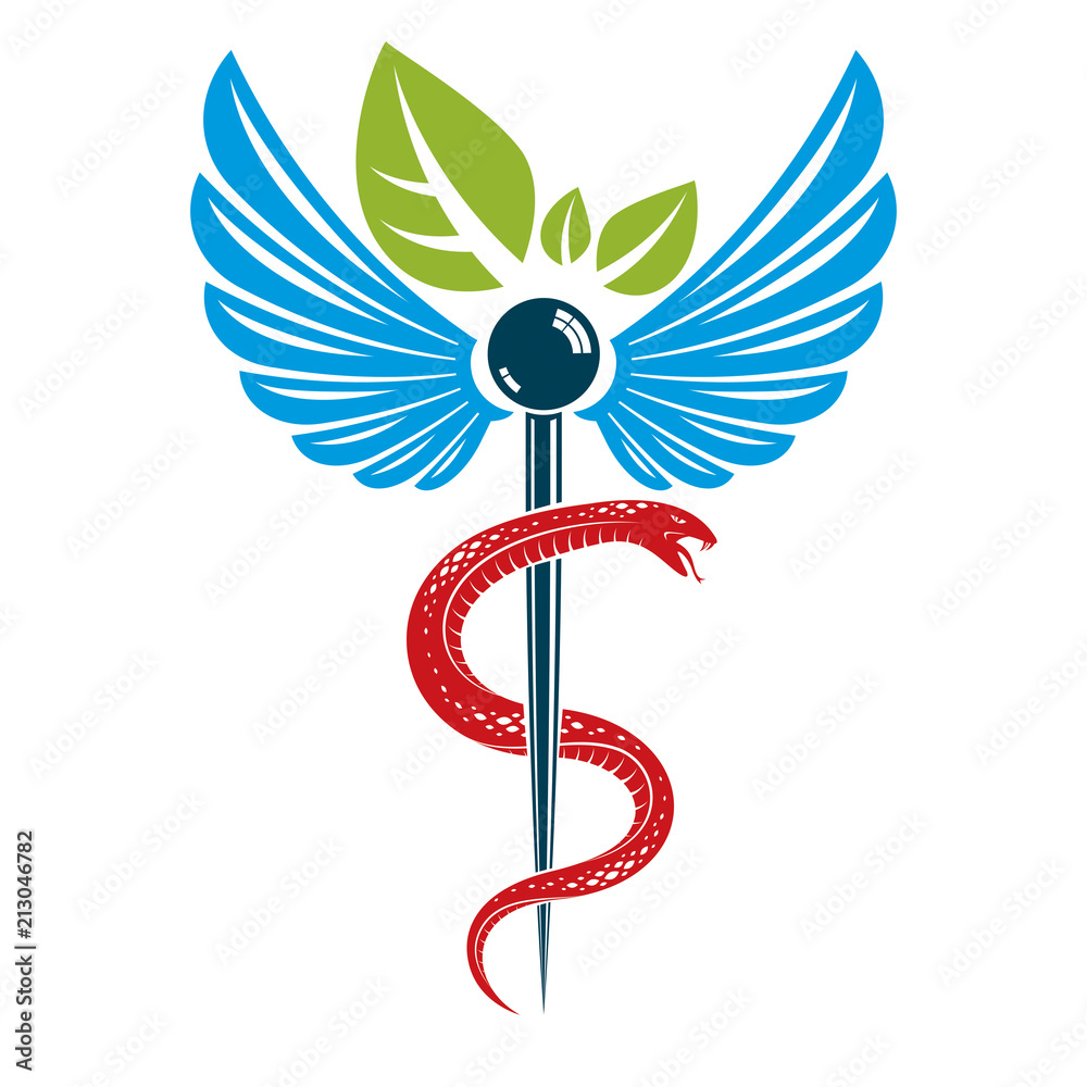 Caduceus symbol composed with poisonous snakes and bird wings ...