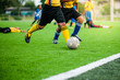 © Garun Studios - Soccer Football Training Session for Kids. Boys Training Football on the Pitch. Soccer Stadium in the Background