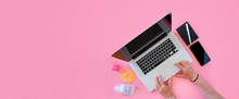 Working Mom Top View Flatlay Of Workplace Baby Items And Laptop With Phone