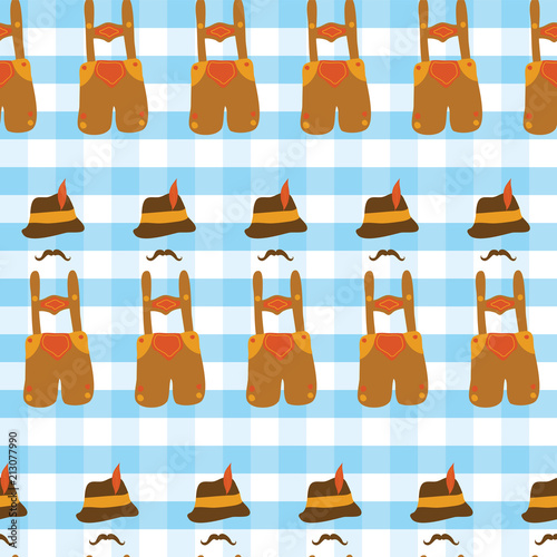 Fotografie, Obraz Lederhosen Oktoberfest hat, and mustache Oktoberfest seamless vector pattern