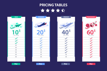Wall Mural - Pricing Table 4 Different Plane Vector Template Dark Concept Design