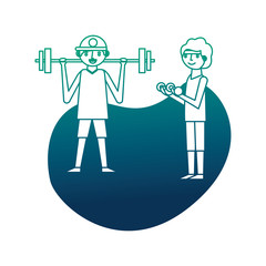 two man cartoon exercise with dumbbell and barbell