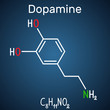 Dopamine ( DA) molecule. Structural chemical formula and molecule model on the dark blue background