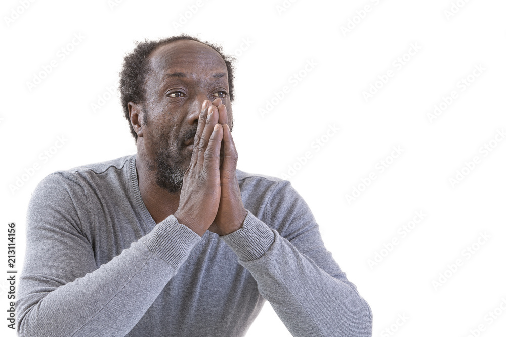 Closeup portrait sad middle age man bothered by mistakes hands like ...