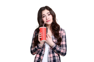 Wall Mural - Young beautiful woman with paper cup on white background