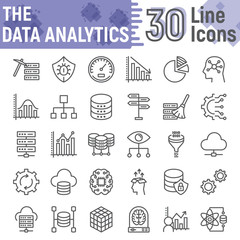 Fototapete - Data analytics line icon set, database symbols collection, vector sketches, logo illustrations, web hosting signs linear pictograms package isolated on white background, eps 10.