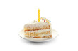 © New Africa - Slice of delicious birthday cake with candle on white background