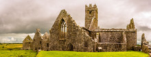 Landscapes Of Ireland. Ruins Of Ross Errilly Friary Convent In Galway County. National Monument And Best Preserved Monastery. 