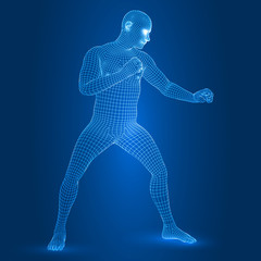 Wall Mural - digital man figure in fight guard pose 3d wireframe style vector illustration