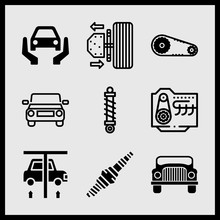 Simple 9 Icon Set Of Car Related Spark Plug, Rolls Royce Luxury Car Front, Car Insurance And Car Engine Vector Icons. Collection Illustration