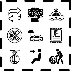 Simple 9 icon set of finance related car with an umbrella, head heat, worldwide and wheel vector icons. Collection Illustration