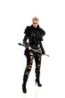 © faestock - full length portrait of blonde girl wearing black gothic outfit, holding a staff. standing pose, isolated on white studio background.