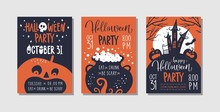 Vector Set Of Halloween Party Invitations Or Greeting Cards With Handwritten Calligraphy And Traditional Symbols.