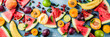 Leinwandbild Motiv Summer vitamin food concept, various fruit and berries watermelon peach mint plum apricots blueberry currant, creative flat lay on light blue background top view copy space